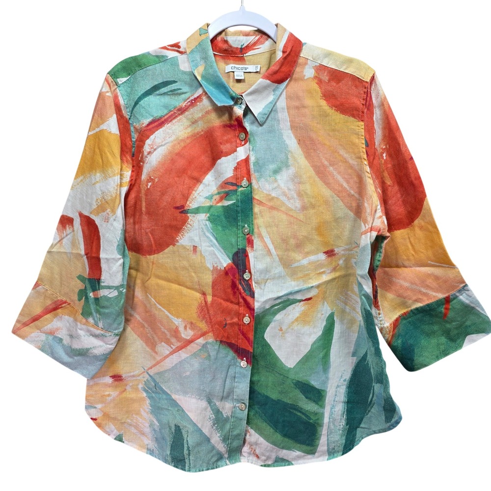 Chicos All Linen Abstract Painterly Print Button Up Shirt Sz 14 Colorful Summer
